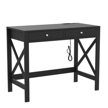 ChooChoo 40 Inches Farmhouse Computer Desk with 2 Drawers & Power Outlets | Wooden Writing Desk, Study Desk for Home Office, Makeup Vanity, Black - color: Black, size: 40inch with Power Outlet