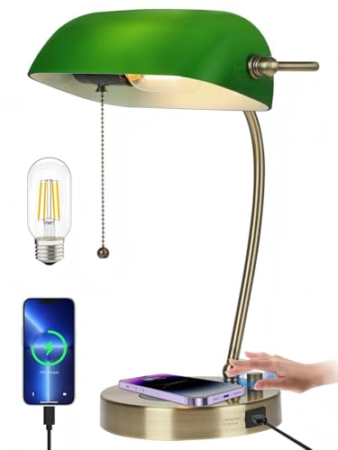 Stepless Dimmable Green Glass Bankers Desk Lamp,LED Bulb Included | Wireless Charger,USB Charging Port for Home Office Table Lamp Plug in Fixture - color: Green-Wireless Charging
