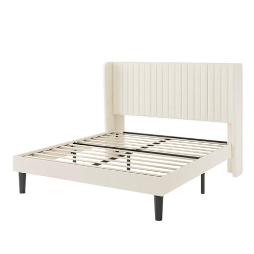SHA CERLIN Queen Size Velvet Bed Frame, Tufted Wingback Headboard, Cream | 47'' Modern Vertical Channel Headboard, Upholstered Platform Bed, Wood Slats, No Box Spring Needed, Easy Assembly, Noise Free - color: Cream White, size: Queen