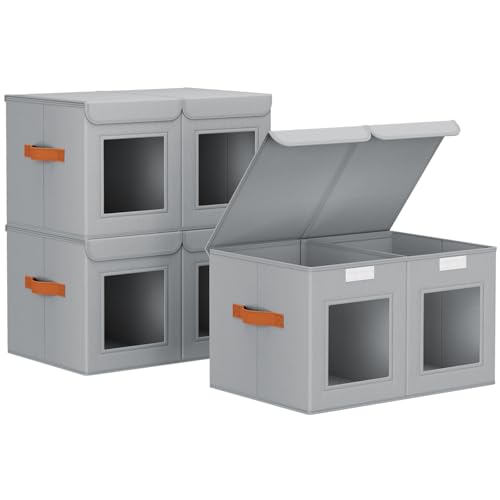 Large Closet Storage Bins - Collapsible Divided Clothes Organizer with Lids & Dual Window, Fabric Organizing Bins for Clothes, Sweater, Bedroom, Office (Grey, 3 Pack) - color: Grey, size: L(3-Pack)