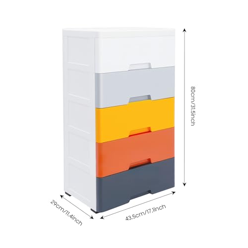 5 Tier Storage Tower with 5 Drawer and 4 Wheels, Storage Organizer Rack, Movable Storage Tall Small Cabinet for Rooms (White, Gray, Yellow, Orange, Blue) - color: White, Gray, Yellow, Orange, Blue
