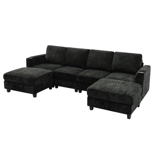 110" Convertible U-Shape Couch with 2 Flexible Ottomans, Black | Soft Sectional Sofa with Durable Cup Holders, Chenille 4 Seater Sofa with Well-Filled Backrest for Living Room, House - color: Black, size: 110" U-Shape