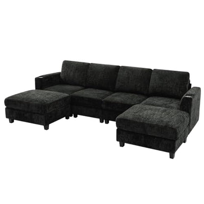 110" Convertible U-Shape Couch with 2 Flexible Ottomans, Black | Soft Sectional Sofa with Durable Cup Holders, Chenille 4 Seater Sofa with Well-Filled Backrest for Living Room, House - color: Black, size: 110" U-Shape