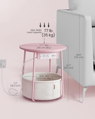 VASAGLE LILEA Colection - Side Table with Charging Station, Round End Table with Fabric Basket, Nightstand with Power Outlets, USB Ports, Modern, Jelly Pink and Cream White ULET228R01 - color: Jelly Pink + Cream White, size: Without LED light