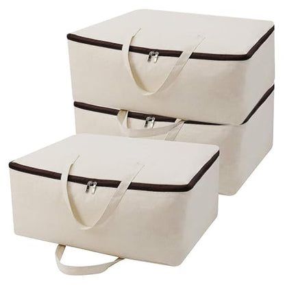 3pcs Cotton Clothes Bedding Storage Organizer Bins with Handles 3-side Zip | Breathable Canvas, Soft Storage Bins, Good for winter Clothes, Sweaters blankets, duvets, pillows Organizer, Beige, washable