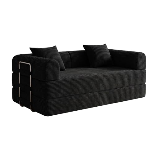 59'' Convertible Compressed Corduroy Folding Cloud Sofa Bed, Modern Boneless Pull Out Loveseat Sleeper in a Box, 4 in 1 Floor Mattress Futon Fluffy Couch, No Assembly Needed, Black, 2 Pillows, Full - color: Bk, size: 59''