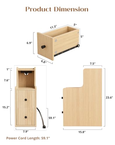 Set of 2 Narrow Side Table with Charging Station, Wooden Slim End Table with Storage, Mid Century Modern Nightstand with Drawers for Living Room, Oak - color: Oak, size: 7.9"x23.6"