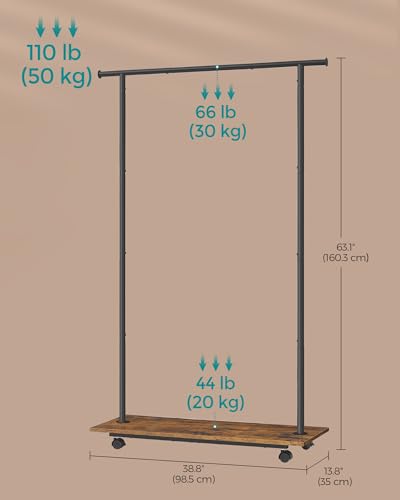 SONGMICS Clothes Rack with Wheels, Clothing Rack for Hanging Clothes, 38.8 Inches Metal Garment Rack with Shelf, Loads up to 110 lb, for Bedroom, Closet, Rustic Brown and Ink Black UHSR151B01 | Clothing Rack for Hanging Clothes, 38.8 Inches, Loads up to 1