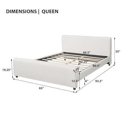 Merax Queen Size Luxury Bouclé Upholstered Bed Frame, White | Modern Curved Platform Bed with Rounded Headboard & Footboard, No Box Spring Needed, Solid Wood Slats Support, Easy Assembly - size: Queen