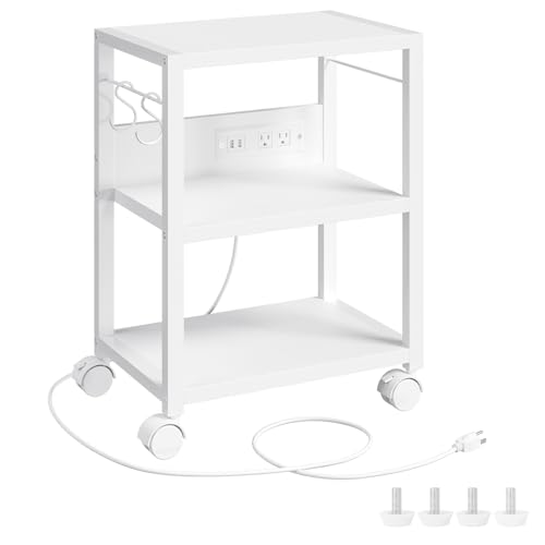 MAHANCRIS Industrial Printer Cart, 3-Tier Mobile Printer Stand, Rolling Cart with 2 AC Outlets and 2 USB Ports, Home Printer Stand with 2 Hooks, for Office, Living Room, White PTWT40E01 - color: White