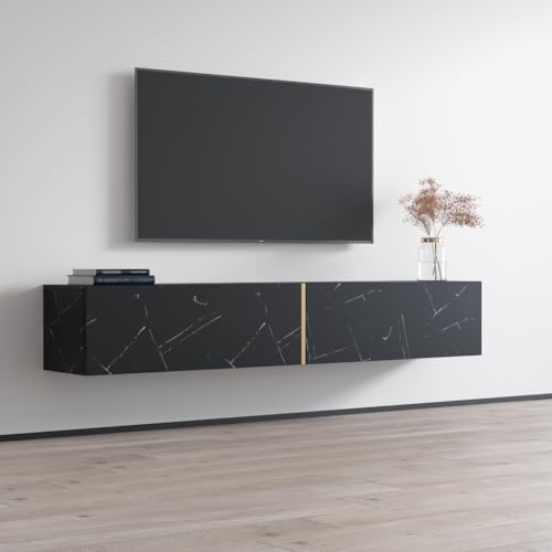 Meble Furniture Marmur Floating TV Stand with Storage Cabinets — Modern Wall-Mounted Media Console — Fits TVs up to 80", 59.1" W x 15.7" D x 15.7" H — Black