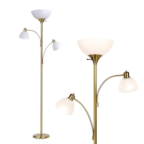 Brightech Sky Dome Double LED Floor lamp, Torchiere Super Bright Floor Lamp with 2 Reading Lamps for Living Rooms & Offices - Dimmable Tall Standing Lamp for Bedroom Reading - Tall Brass Pole - color: Gold Brass