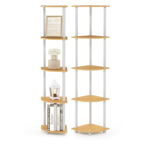 Furinno Turn-N-Tube Corner Shelf Set of 2, 5-Tier Corner Bookshelf, Open Storage Shelves, for Organization and Storage, Living Room, Home Office, Garage, Beech - color: Beech/White, size: 5-Tier Round Tube (Set of 2)