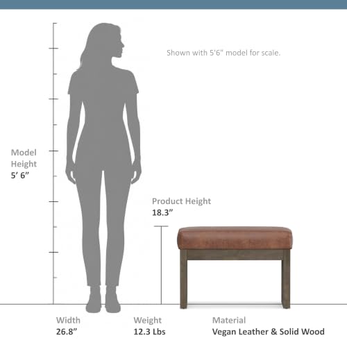 SIMPLIHOME Milltown 27" Wide Vegan Leather Ottoman in Saddle Brown | Distressed saddle brown, contemporary ottoman with a cushioned seat for bedroom seating; rectangle footstool or pouf. - color: Distressed Saddle Brown, style: Small Ottoman Bench