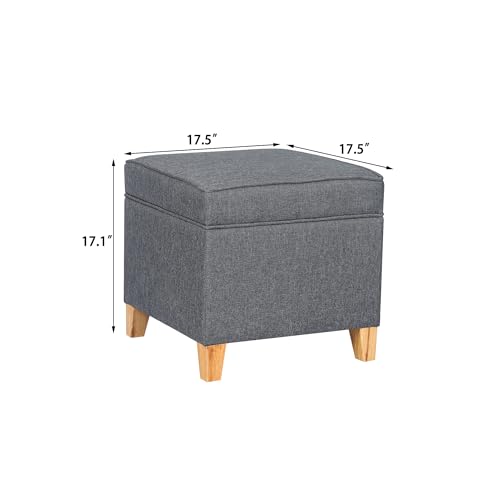 Linen Storage Ottoman, 17.5 Inch Square Upholstered Footrest Stool with Hinged Lid for Living Room, Bedroom & Entryway, Small Cube Accent Foot Stool, Grey with Natural Wood Legs - color: Grey With Burlywood Legs