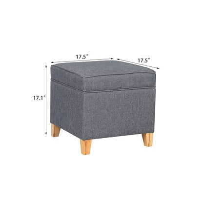 Linen Storage Ottoman, 17.5 Inch Square Upholstered Footrest Stool with Hinged Lid for Living Room, Bedroom & Entryway, Small Cube Accent Foot Stool, Grey with Natural Wood Legs - color: Grey With Burlywood Legs