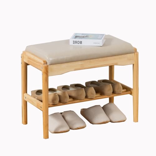 latifolia Small Shoe Bench, Solid Wood Bench with Cushion, 2 Tier Shoe Storage Organizer for Entryway(Nature,23.62''L) - color: Grey and Nature, size: 23.62''L