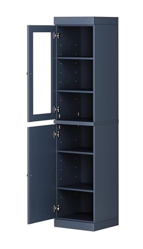 Solid Wood Kitchen Pantry - Narrow Storage Cabinet - 16.5" Wide x 71.5" Tall - 1 Raised Panel & 1 Glass Door, Antique Blue, Adjustable Shelves, 100% Eco-Friendly Wood, Modular Cabinets - color: Antique Blue, style: Clear Glass Top Door / Raised Panel Bott