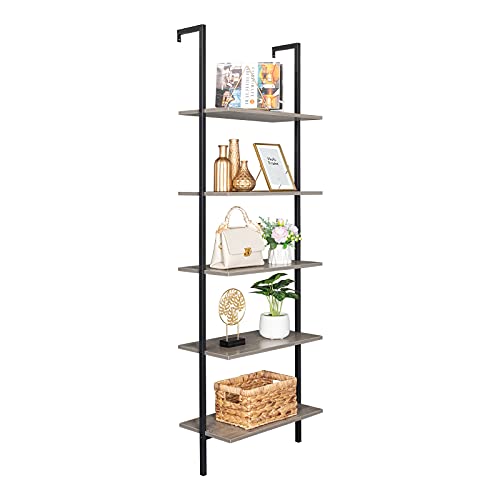 5-Shelf Modern Bookcase, Open Wall Mount Ladder Bookshelf with Industrial Metal Frame for Living Room Bedroom Home Office (Grey) - color: Grey
