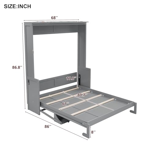 SOFTSEA Queen Size Murphy Wall Bed Frame with Desk, LED Lights, Grey | Space-Saving Vertical Murphy Bed Cabinet with Desk, LED Lights, Charging Station, Hidden Wall Bed for Small Spaces - color: Grey