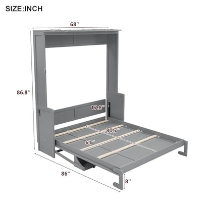SOFTSEA Queen Size Murphy Wall Bed Frame with Desk, LED Lights, Grey | Space-Saving Vertical Murphy Bed Cabinet with Desk, LED Lights, Charging Station, Hidden Wall Bed for Small Spaces - color: Grey
