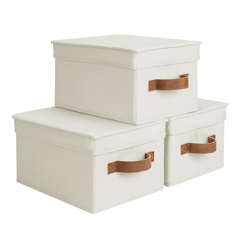 StorageWorks Fabric Storage Bins with Lids, Closet Storage Bins | Lidded Dust-proof, Easy Pull Handles, Foldable, Stackable, Ideal for Clothes Blanket Towel, Medium, Ivory, 3-Pack - color: Ivory, size: Medium