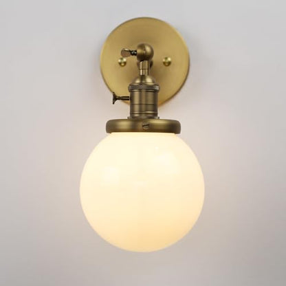 Hardwired Wall Sconce with White Globe, Brass Bathroom Vanity Light with On Off Switch, Vintage Wall Light Fixtures for Living Room Loft Hallway