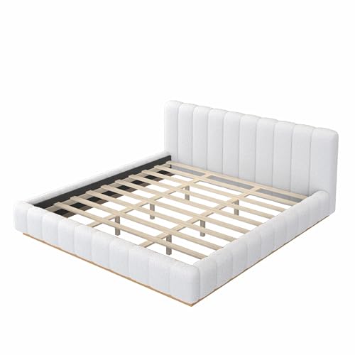 Majnesvon King Size Upholstered Bed Frame, Soft Boucle Bed Frame with Headboard, Low Profile White Platform Bed with Wood Base - size: King (U.S. Standard)