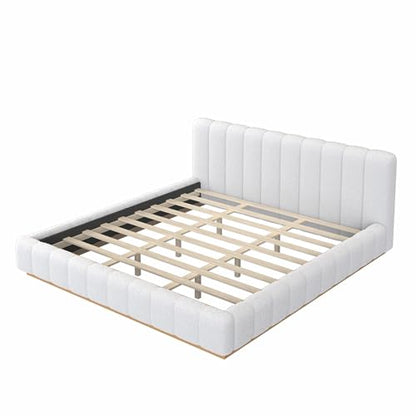 Majnesvon King Size Upholstered Bed Frame, Soft Boucle Bed Frame with Headboard, Low Profile White Platform Bed with Wood Base - size: King (U.S. Standard)