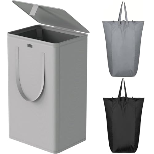 WOWLIVE 100L Laundry Hamper with Lid, Tall Dirty Laundry Basket for Dorm | Large Collapsible Dirty Clothes Hamper with 2 Removable Bags and Handles for Laundry Room, College Dorm, Grey - color: Grey, size: 100l (17.0"l X 13.0"w X 27.5"h)