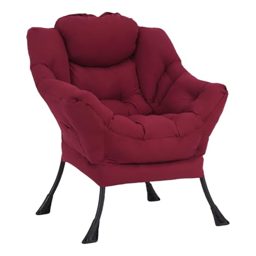 Welnow Burgundy Single Lazy Chair for Adults，Modern Reading Accent Chair | A Side Pocket,Armrests,Thick Cushioned Seat & Backrest, Lounge Reading Chair for Bedroom,Living Room & Small Space - color: Burgundy Without Stool