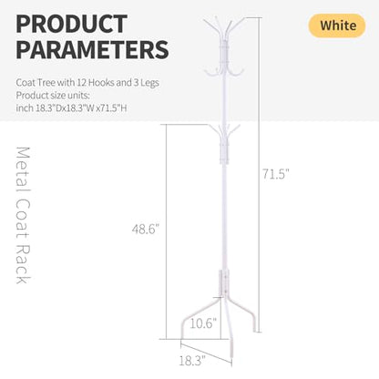 Coat Rack Freestanding for entryway,Living Room,Bedroom,Metal coat tree with12 Hooks and 3 Legs,hat stand (White) - color: White