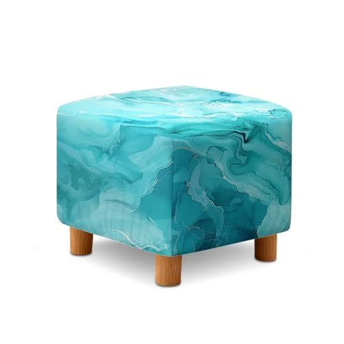 Teal Marble Print Ottoman Cover Square, Storage Ottoman Slipcovers Stretch Footrest Foot Stool Covers Protector with Elastic Band, for Pets - color: Teal Marble