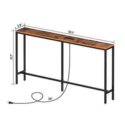 MAHANCRIS 55.1 Skinny Console Table with Power Outlets, 5.9" Slim Sofa Table Behind Couch, Long Entryway Tables, Narrow Sofa Hallway Table, Living Room CTHR145E01 - size: 5.9"D x 55.1"W x 31.7"H
