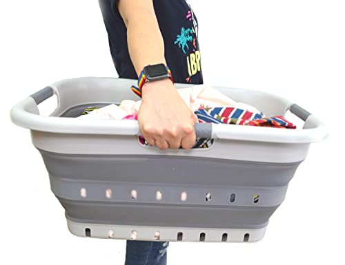 SAMMART 41L Collapsible 3 Handled Plastic Laundry Basket - Foldable Pop Up Storage Container/Organizer - Portable Basket - Space Saving Hamper/Basket (3 handled rectangular, Grey/Dark Grey) - color: Grey/Dark Grey