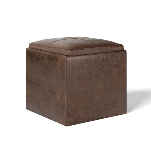SIMPLIHOME Rockwood 17" Wide Boucle Fabric Storage Ottoman in Ivory Boucle | Distressed brown, contemporary ottoman with flip-over tray top and hidden storage; cube storage bench for living room. - color: Distressed Brown