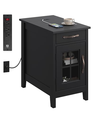WLIVE End Table with Charging Station, Narrow Side Table for Living Room, Farmhouse Night Stand with Storage, Small Wooden Cabinet Nightstand with USB Ports and Outlets, 23.62" D x 13.78" W x 23.62" H - color: Black