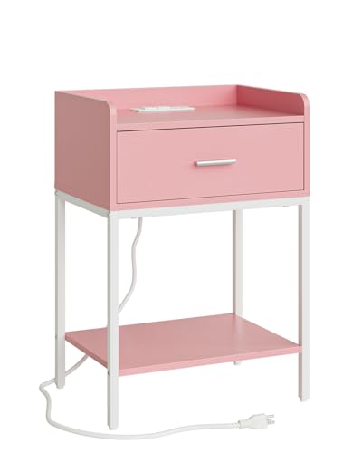 Masupu Nightstand with Charging Station,3-Tier Modern Bedside Night Stand with Storage Drawer and Shelf,Small End Side Table for Bedroom,Living Room,Pink and White - color: Outlet-pink