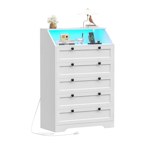 White Dresser Tall 5 Drawer Dresser for Bedroom, Wood Chest of Drawers with LED Lights, Charging Station, Metal Handles, Modern Storage Cabinet and Organizer Drawers for Living Room, Hallway - color: White, style: LED Tall 5 Drawers
