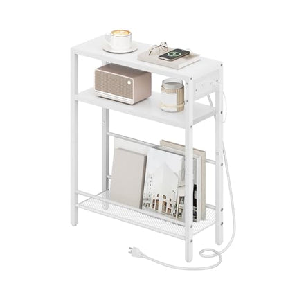HOOBRO Small Narrow Side Table with Charging Station, Skinny End Table for Small Spaces, Slim Nightstand with USB Ports Outlet, Sofa Beside Table with Storage Shelf, White WT102UBZ01 - color: White