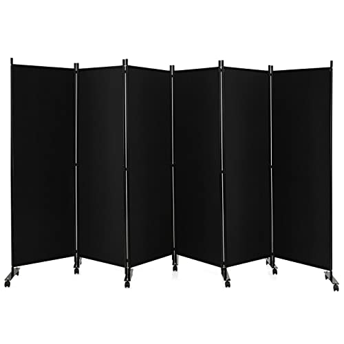 GOFLAME 6 Panel Folding Room Divider, 6FT Rolling Privacy Screen with Lockable Wheels, Portable Room Partition Screen, Freestanding Wall Divider and Separator for Home Office, Black - color: Black, size: 6-Panel