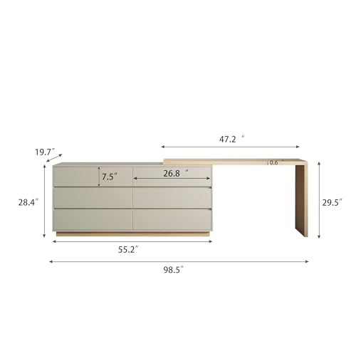 Modern Expandable L-Shaped Vanity Desk with 6 Drawers, Adjustable Computer Table for Home Office, Study, Writing, Gaming, and Bedroom Makeup, Beige, 56-98.5 ″