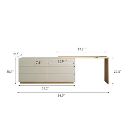 Modern Expandable L-Shaped Vanity Desk with 6 Drawers, Adjustable Computer Table for Home Office, Study, Writing, Gaming, and Bedroom Makeup, Beige, 56-98.5 ″