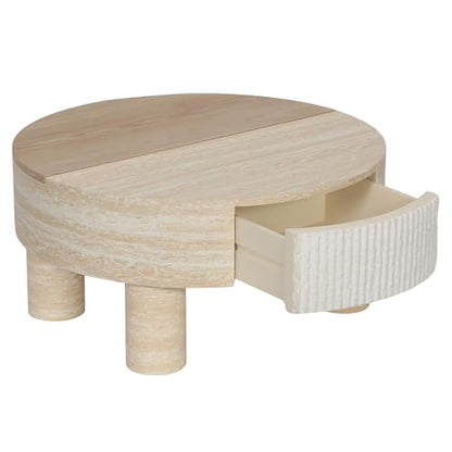 31.5" Round Coffee Table with Flip Top & Fluted Drawer for Living Room, Modern Circle MDF Wooden Center Table Tea Table for Apartment, Hidden Storage, Beige - color: 31.5" Round Coffee Table With Flip Top,beige