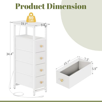 Yoobure LED Narrow Nightstand with Charging Station - Slim Dresser for Bedroom Narrow Side Table Storage Cabinet, Small Dressers Chest of Drawers, Tall Night Stand End Table for Small Spaces, White - color: White