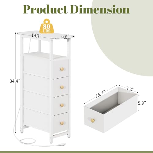 Yoobure Narrow Nightstand with Charging Station, LED Tall Narrow Side Table | Sturdy White Nightstand, Tall Space-Saving Dresser, Skinny Storage Drawers & Cabinet, Designed for Bedroom Dorm Small Spaces - color: White