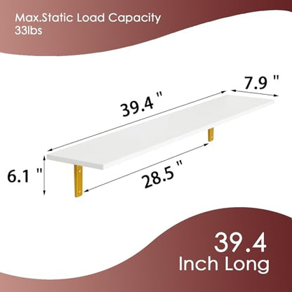 Long Wall Shelves, 39.4Inch Wooden Wall Mounted Shelves, Set of 4 | Large Floating Book Shelf, Metal Brackets, Easy Assembly, Max Load 33lbs, Wall Storage Ledges, Bedroom/Bathroom, White & Gold - color: White and Gold, size: 39.4 Inch (4 Pack)