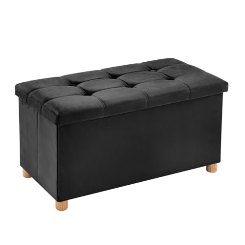 YOUDENOVA 30" Velvet Ottoman with Storage, Wooden Legs, Black | Velvet ottoman with hidden storage, padded seat and sturdy wooden legs for bedroom, living room or entryway. - color: Black