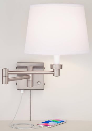 Vero Brushed Nickel Swing Arm Plug-In USB Wall Lamps Set of 2 Light Fixture | Modern Charging Port White Hardback Drum Shade for Bedroom Bedside Living Room Reading House