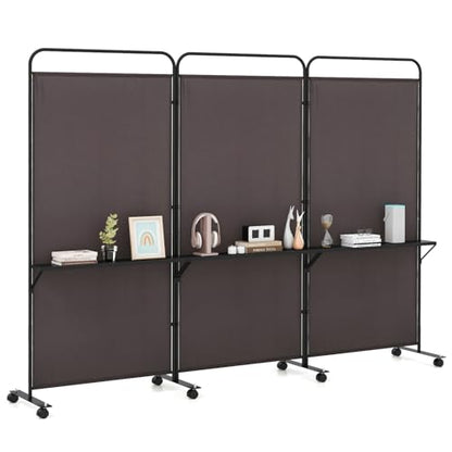 GOFLAME 3 Panel Room Divider with Storage Shelves, 6FT Folding Privacy Screen with Lockable Wheels, Portable Rolling Wall Divider, Freestanding Partition Screen for Room Separation, Brown - color: Brown